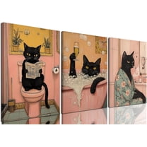 Funny Bathroom Black Cat Wall Art Set of 3, Cute Animal Wall Decor Maximalist Pet Cat Canvas Poster Prints Aesthetics Whimsical Quirky Room Decor Pictures Framed 12x16 inch