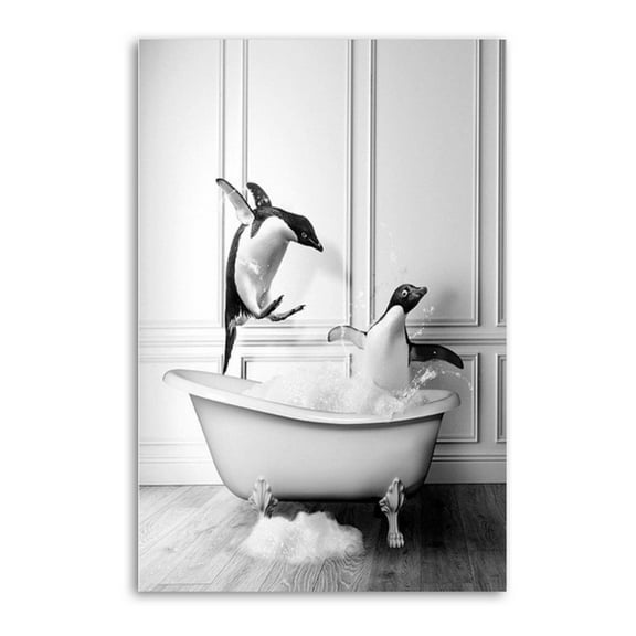 Funny Bathroom Black And White Cute Penguins in Bathtub Gifts Canvas Painting Poster Wall Art Decorative Picture Prints Modern Decor 24x36inch(60x90cm)