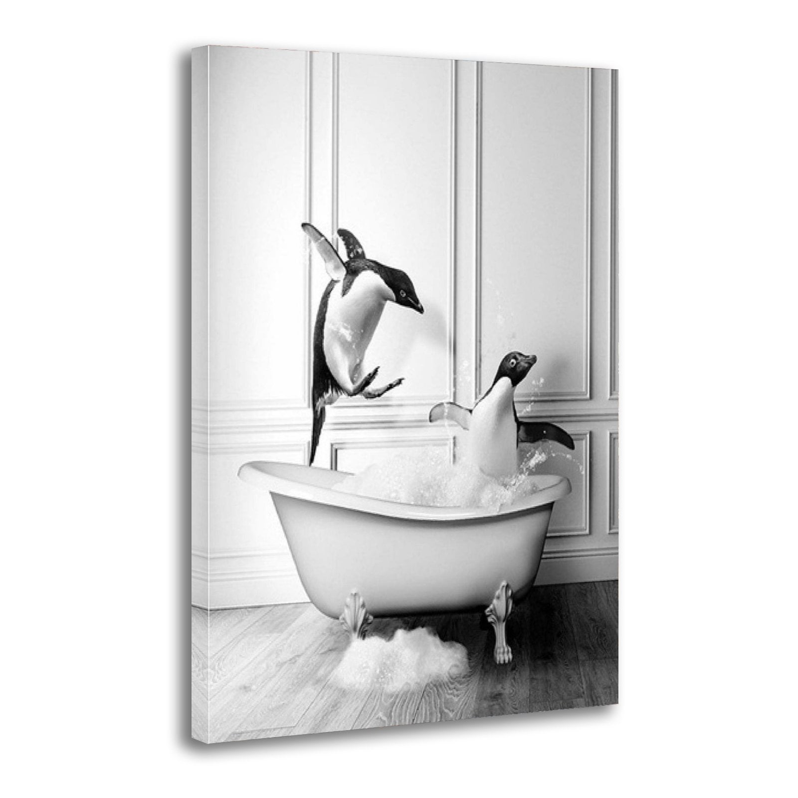 Funny Bathroom Black And White Cute Penguins in Bathtub Picture Print ...