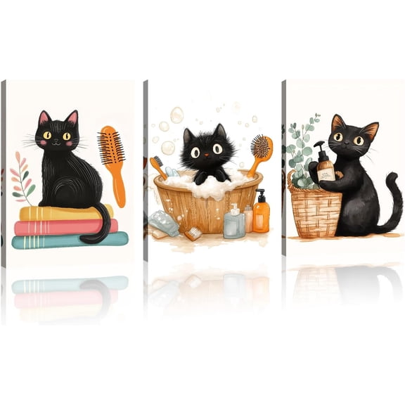 Funny Bathroom Canvas Wall Art 3 Piece Cute Black Cat in Toilet Picture Pet Painting Animal Print Minimalism Bathroom Art Wall Decor d(Art-3,11.00"x14.00"x3P)