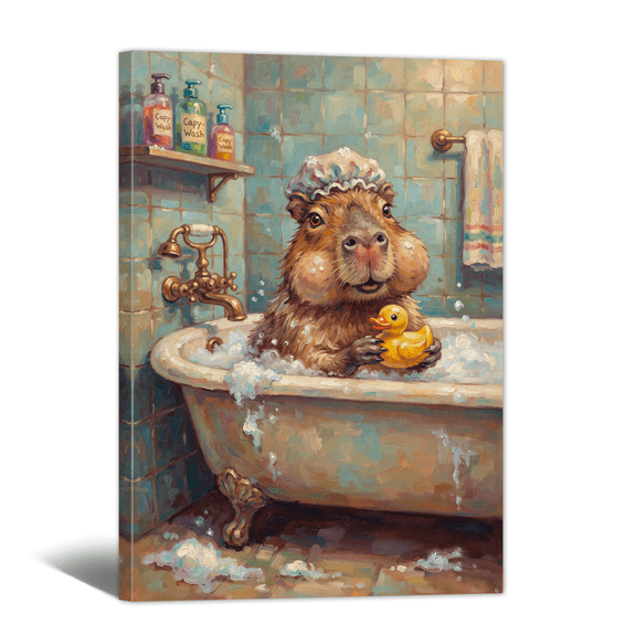 Funny Bathroom Canvas Wall Art, Capybara Bathtub Paintings Colorful Tone Print, Vintage Cute Animal Bathing with Rainbow Bubble Artwork for Bathroom, Washroom, Restroom Wall Decor