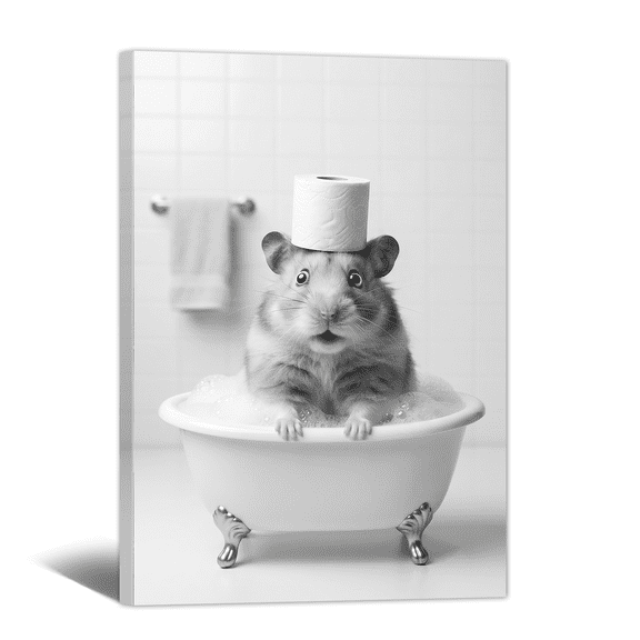 Funny Bathroom Canvas Wall Art, Hamster Bathtub Paintings Humor Tone Print, Black White Cute Animal Bathing with Toilet Paper Artwork for Bathroom, Washroom, Restroom Wall Decor