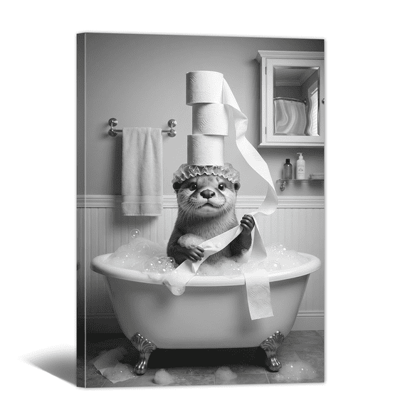 Funny Bathroom Canvas Wall Art, Otter Bathtub Paintings Humor Tone Print, Black White Cute Animal Bathing with Toilet Paper Artwork for Bathroom, Washroom, Restroom Wall Decor