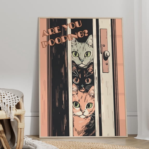 Funny Bathroom Cat Quote Wall Art Maximalist Restroom Decor, Unframed Canvas Size 16x24