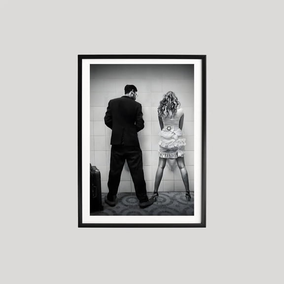 Funny Bathroom Couple Poster, Black And White Retro Humor Photo, Man And Woman Restroom Scene, Vintage Comedy Wall Art Print, Poster Only