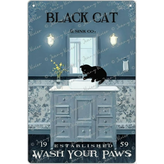 Funny Bathroom Decor Black Cat Retro Metal Tin Sign - Wash Your Paws - Vintage Black Cat Decor Sign for Home Bathroom Kitchen Bar Coffee Wall Decor Art Gift for Women Men Friends 12x8 Inch