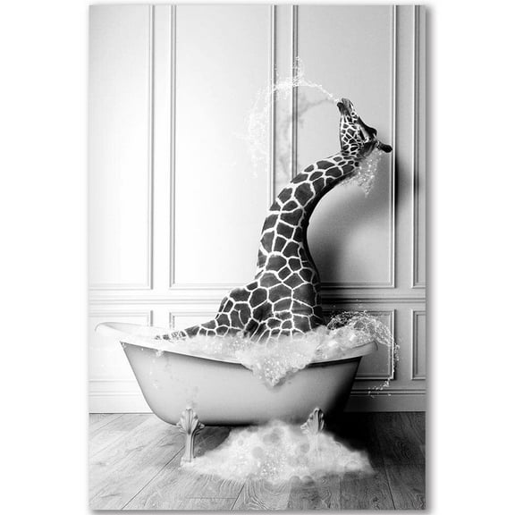 Funny Bathroom Decor Wall Art Canvas Wall Art Print Painting Cute Black and White Decor Animal Giraffe Penguin Elephant Zebra Pictures for Kids Restroom Wall Decor