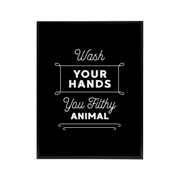 Funny Bathroom Decor Wash Hands Black Black Framed Canvas Wall Art Print 18X24"