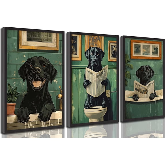 Funny Bathroom Dog Canvas Wall Art Humor Vintage Black Dog Reading Newspaper on Toilet Animal Painting Pictures Wall Decor Poster Print Artwork for Washroom Restroom Home (Only canvas)