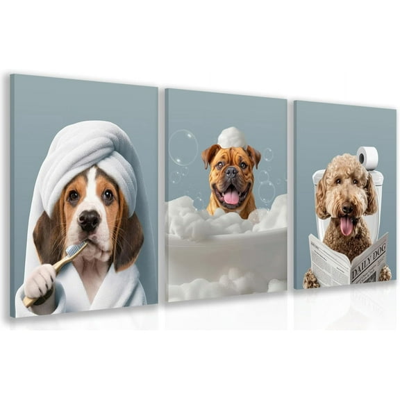 Funny Bathroom Dog Wall Art, Cute Funny Bath Dog Poster Prints, Rustic Farmhouse Bathroom Wall Decor, Funny Animal Bathroom Humor Animal Canvas Painting Prints d 16"x24"x3