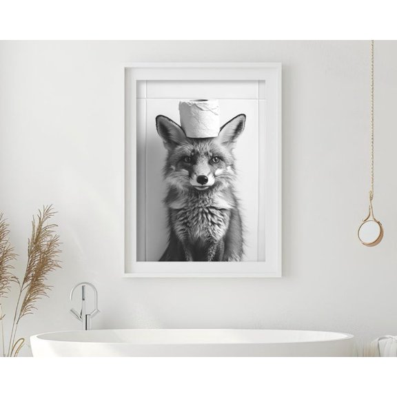 Funny Bathroom Fox With Toilet Paper Hat Black White Animal Poster Wall Art Decor 16x24 UNFRAMED