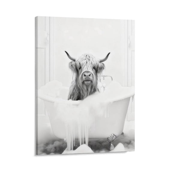 Funny Bathroom Framed Wall Art Black and White Animal Canvas Wall Art Prints Highland Cow In Bathtub Pictures Wall Decor Modern Minimalist Humorous Artwork For Restroom