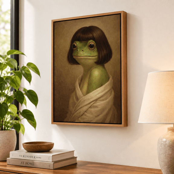 Funny Bathroom Frog Framed Canvas Art Print, 10"L x 8"W, Wall Decor for Home