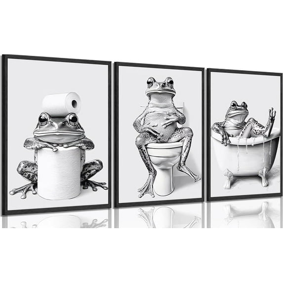 Funny Bathroom Frog Wall Art Cute Animals in Bathtub Painting Picture Wall Decor Trendy Vintage Black And White Animal Poster Print Artwork for Toilet Restroom Home Decoration(Framed canvas)