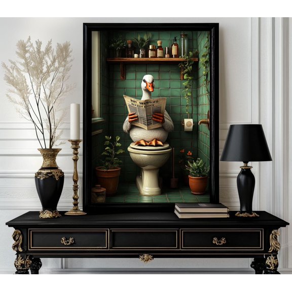 Funny Bathroom Goose Poster, Animal on Toilet Wall Art, Gag, Quirky Bathroom Decor, White Elephant Gift (101) , Poster Print Only