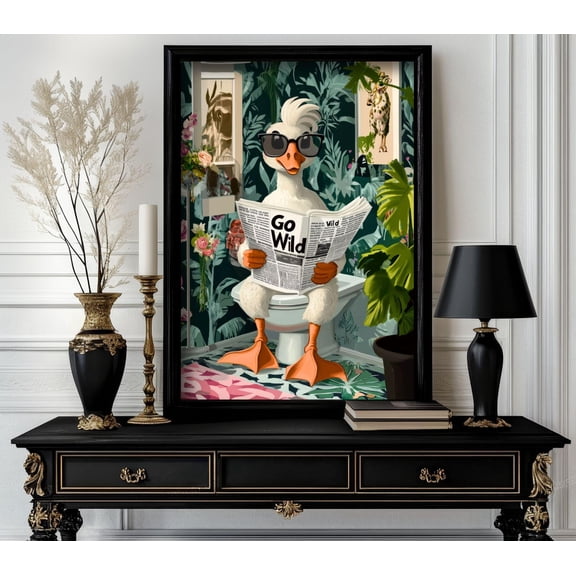 Funny Bathroom Goose Poster, Animal on Toilet Wall Art, Gag, Quirky Bathroom Decor, White Elephant Gift (14) , Poster Print Only
