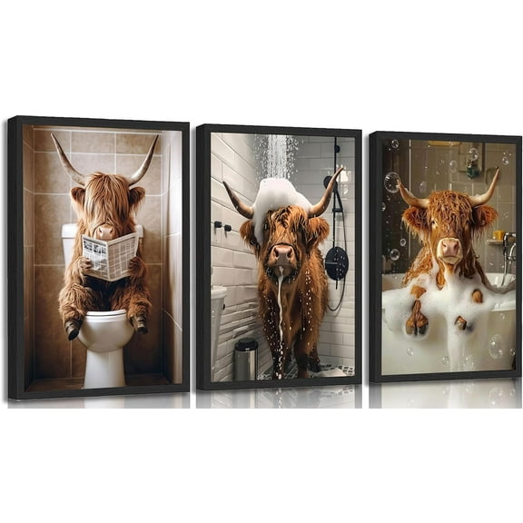 Funny Bathroom Highland Cow Canvas Wall Art Cute Cow Animal Posters Prints Paintings Highland Cattle Sitting On Toilet And Reading Newspaper Wall Decor Pictures for Restroom（Only canvas）