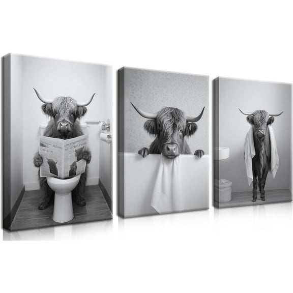 Funny Bathroom Highland Cow Wall Art, Brown Cute Cow Animal Canvas Posters Prints Set of 3, Vintage Rustic Farmhouse Home Pictures Wall Decor Painting for Bathroom Restroom Framed 16x24Inch