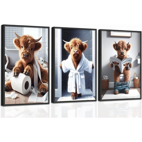 Funny Bathroom Highland Cow Wall Art Set of 3, Brown Cute Cow Animal Canvas Posters Prints Wall Decor, Vintage Rustic Farmhouse Home Painting Pictures for Kids Room Restroom
