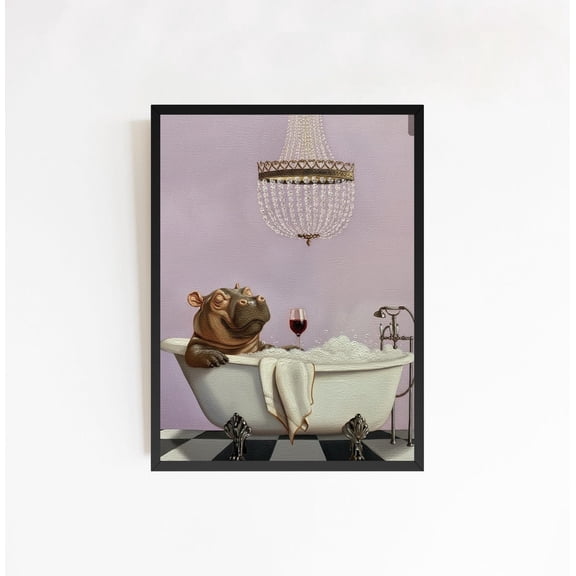Funny Bathroom Mud Bath Hippo Drinking Wine Restroom Whimsical Art, Stretched Canvas