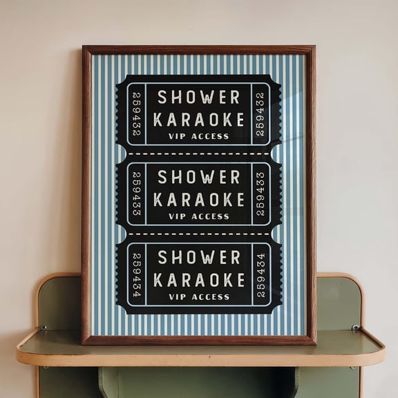 Funny Bathroom Print, Shower Karaoke VIP Ticket Decor, Retro Blue Stripes Poster, Poster Only