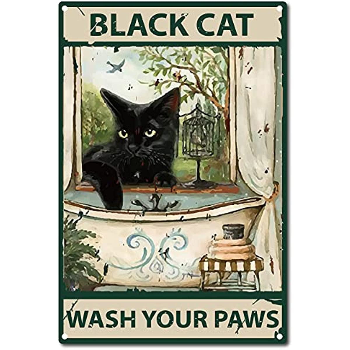 Funny Bathroom Quote Metal Tin Sign Vintage Black Cat Wash Your Paws ...