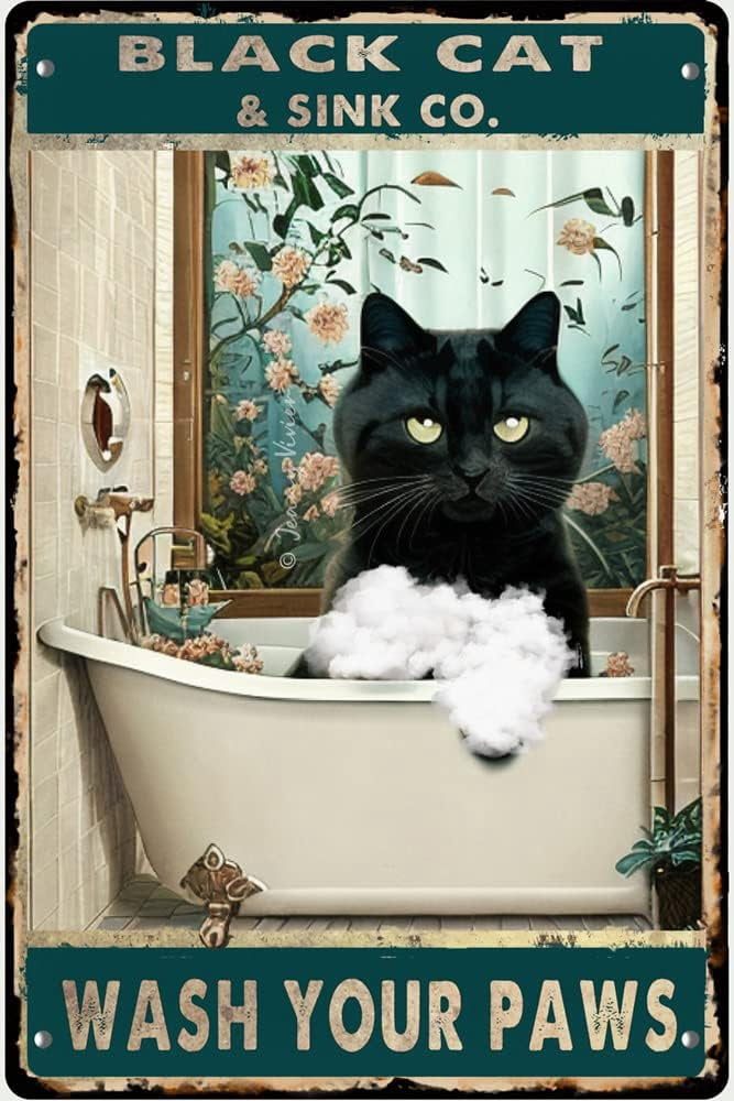 Funny Bathroom Quote Metal Tin Sign Wall Decor - Vintage Black Cat Wash ...