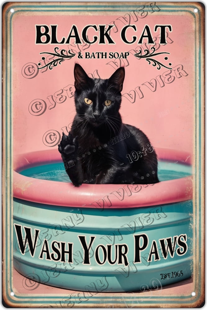 Funny Bathroom Retro Metal Tin Sign - Black Cat Wash Your Paws ...