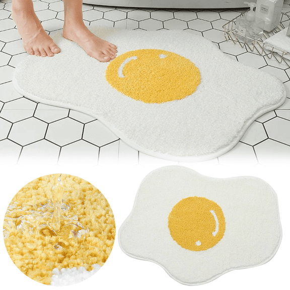 Funny Bathroom Rug Cozival Cute Fried Egg Shape Bathroom Rug Mat - Non-Slip, Soft, and Water Absorbent Funny Floor Mat for Tub, Toilet, and Bedroom, Adds Humor to Home Decor, Fried Egg Shape Mat