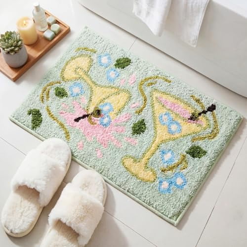 Funny Bathroom Rugs 16" x 24" Green Martini Bath Mat Spring Non Slip Washable Modern Doormat for Bathroom Shower Home Indoor Martini Party Decorations