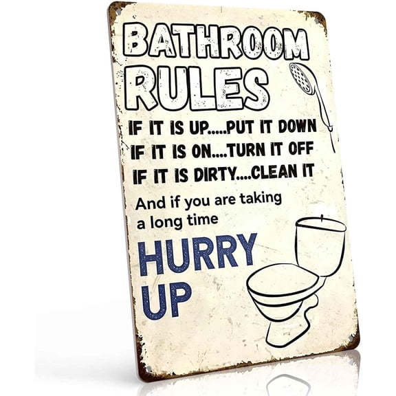 Funny Bathroom Rules Metal Tin Sign, Vintage Wall Art for Bathroom Decor, Humorous Housewarming Gift for Home Office Bar(White)