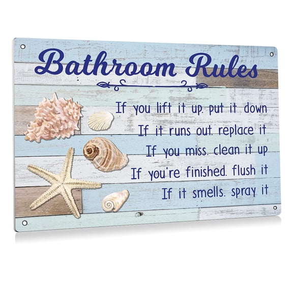 Funny Bathroom Rules Metal Tin Sign Wall Art Decor - Bathroom Quote Seashell Sign for Toilet Restroom Decor Gifts Size: 8 x 12 Inch