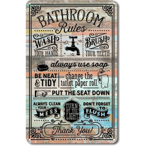 Funny Bathroom Rules Sign Wall Decor - Farmhouse Bathroom Quote Metal Tin Sign for Toilet Restroom Washroom Home Decor Gifts, 8 x 12 Inch