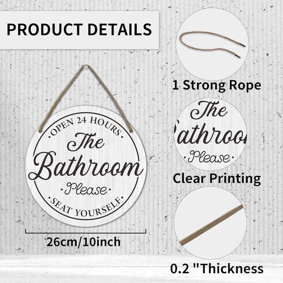 Funny Bathroom Signs Decor - Bathroom Open 24 Hours Please Seat Yourself Wooden Hanging Sign - Rustic Farmhouse Round Wooden Front Door Sign For Toilet Restroom Home Decor & GiftsWhite-A04