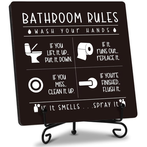 Funny Bathroom Signs Decor Wooden Plaque With Iron Stand - "WASH YOUR HANDS" Bathroom Rules Signs for Toilet - Funny Decor for Restroom
