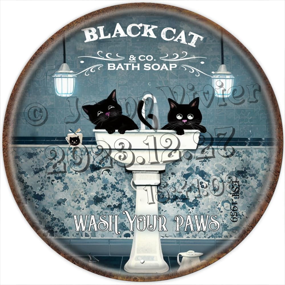 Funny Bathroom Tin Sign, Black Cat Wash Your Paws Sign, Round Vintage ...