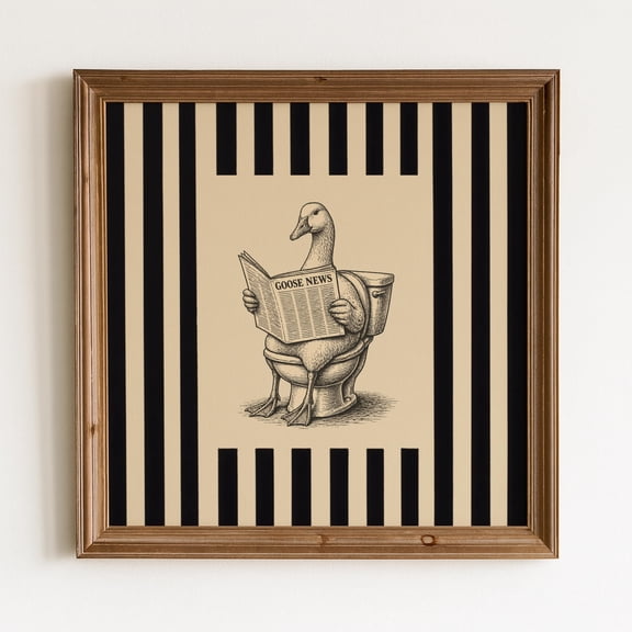 Funny Bathroom Vintage Goose On Toilet Poster, Black Ink Goose Sketch, Striped Vintage Wall Art, Bathroom Wall Art, Goose Reading Newspaper, Poster Only