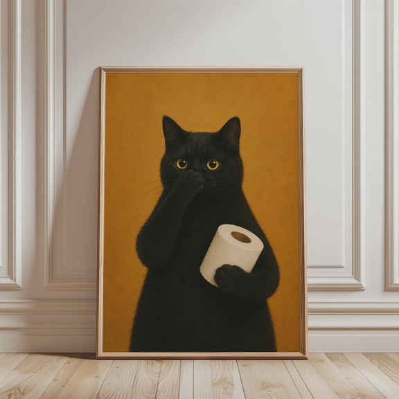 Funny Bathroom Wall Art - Black Cat Holding Nose Print, Retro Cat Artwork, Funny Toilet Art, Cozy Quirky Animal Poster for Bathroom Decor, Poster Only