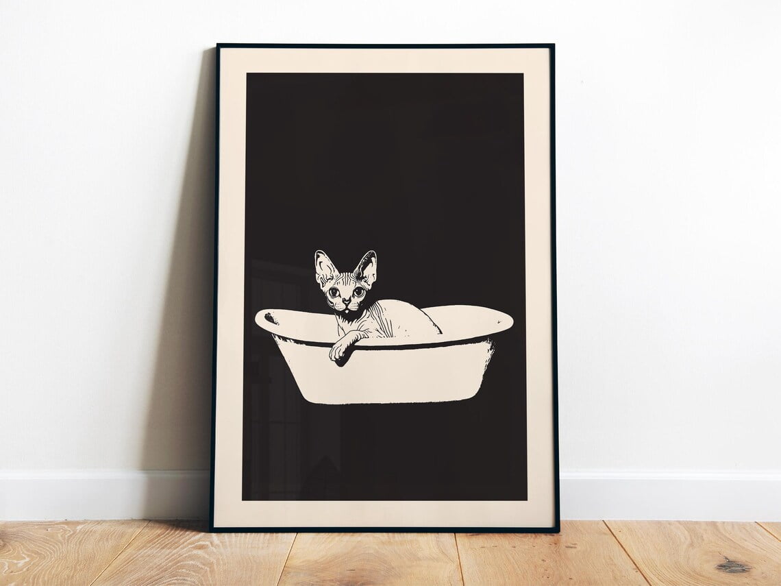 Funny Bathroom Wall Art Black And White Bathroom Art Sphynx Cat In A ...