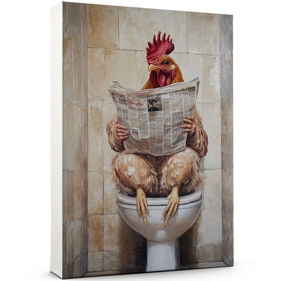 Funny Bathroom Wall Art - Chicken Sitting On The Toilet Reading Newspaper Poster Print, Animal Canvas Decor Pictures Decorations 1270CA24