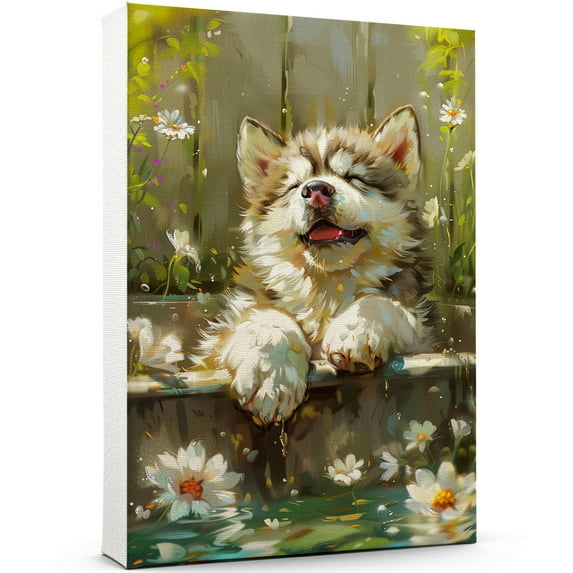 Funny Bathroom Wall Art CuteAlaskan Malamute Dog Canvas Print Dog Bathtub Picture Humor Animal Artwork Painting for Restroom Bathroom, Birthday Gifts For Mom, Christmas Gifts