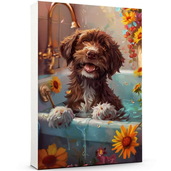 Funny Bathroom Wall Art CuteGerman Wirehaired Pointer Dog Canvas Print Dog Bathtub Picture Humor Animal Artwork Painting for Restroom Bathroom, Dog Wall, Christmas Gifts