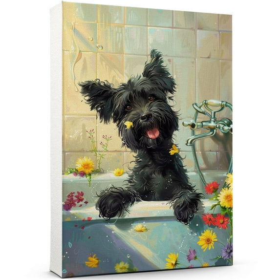 Funny Bathroom Wall Art CuteGiant Schnauzer Dog Canvas Print Dog Bathtub Picture Humor Animal Artwork Painting for Restroom Bathroom, Dog Decor, Christmas Gifts