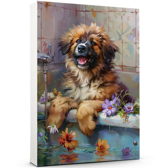 Funny Bathroom Wall Art CuteLeonberger Dog Canvas Print Dog Bathtub Picture Humor Animal Artwork Painting for Restroom Bathroom, Black Dog Bathroom Decor, Christmas Gifts