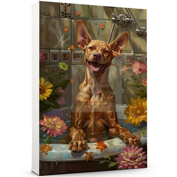 Funny Bathroom Wall Art CutePharaoh Hound Dog Canvas Print Dog Bathtub Picture Humor Animal Artwork Painting for Restroom Bathroom, Dog Wall Art Canvas, Christmas Gifts