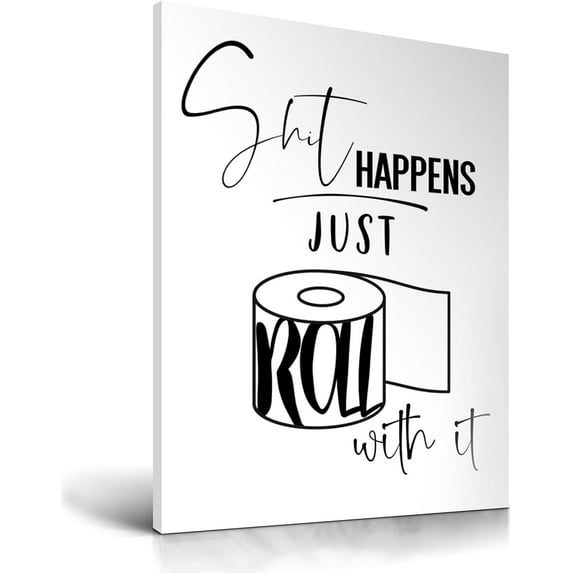Funny Bathroom Wall Art Decor, Black and White Toilet Paper Wall Art, Waterproof Wood Framed Canvas Wall Art, Downstairs Toilet Humor Abstract Prints, 12x16in Pictures 1 Pack