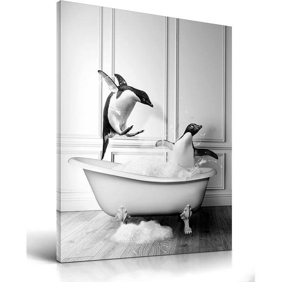 Funny Bathroom Wall Art Decor, Waterproof 12x16in Black and White Quality Canvas Wall Art Pictures, Wood Framed Funny Penguin Bathing Animals Abstract Prints for Bedroom Kids Room 1 Pack