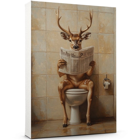 Funny Bathroom Wall Art - Deer Sitting On The Toilet Reading Newspaper Poster Print, Animal Canvas Decor Pictures Decorations 1270CA12