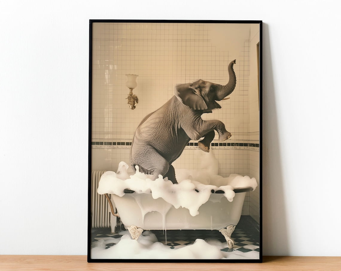 Funny Bathroom Wall Art, Elephant In Bathtub, Aesthetic Bathroom Poster ...