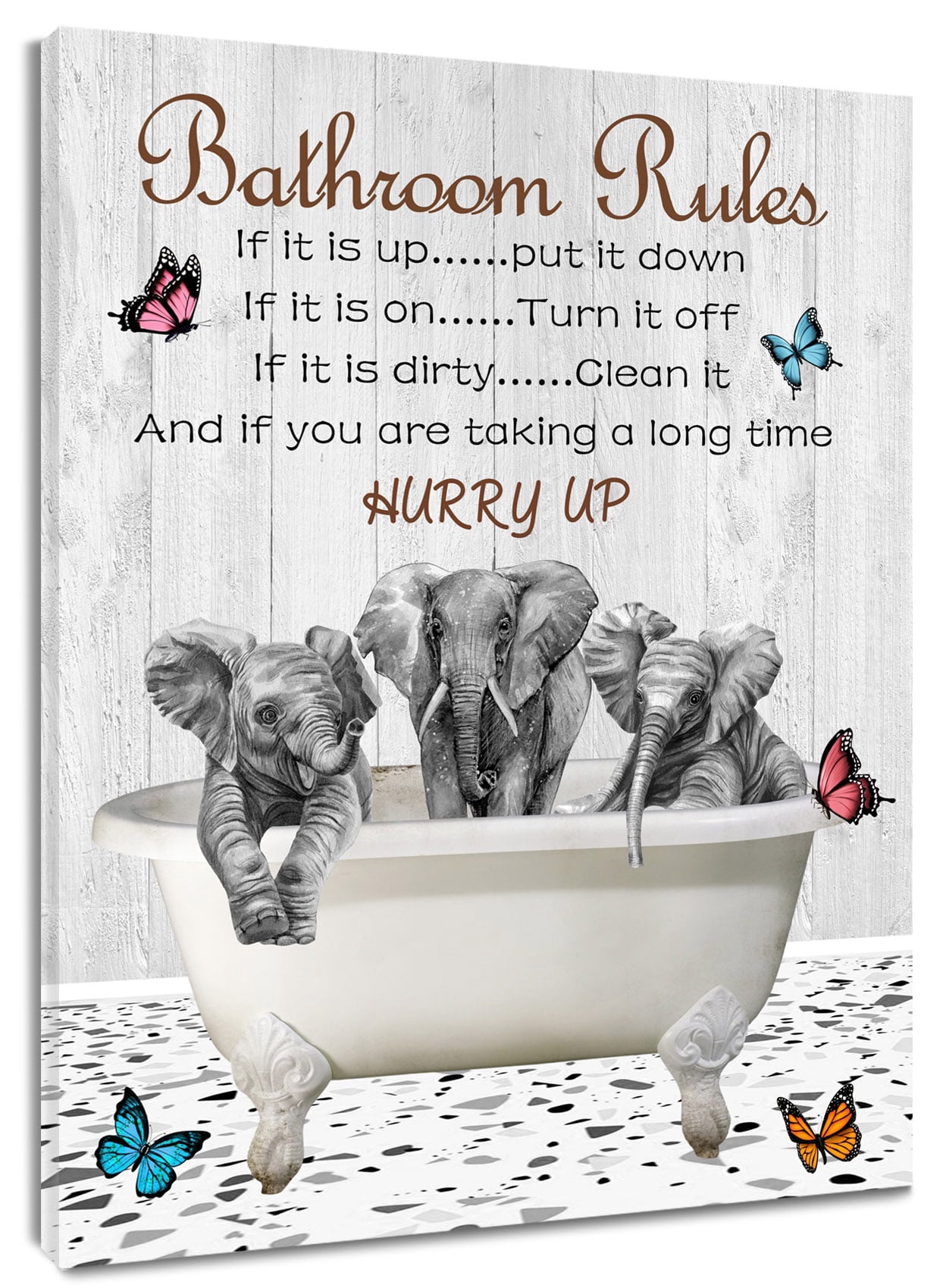 Funny Bathroom Wall Art Large Elephant in the Bathtub on Rustic Planks ...